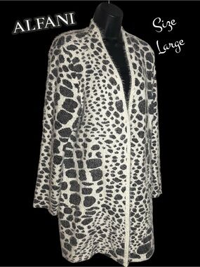 Alfani Long Open-Front Soft Eyelash Animal Print Cardigan Large Black Off White